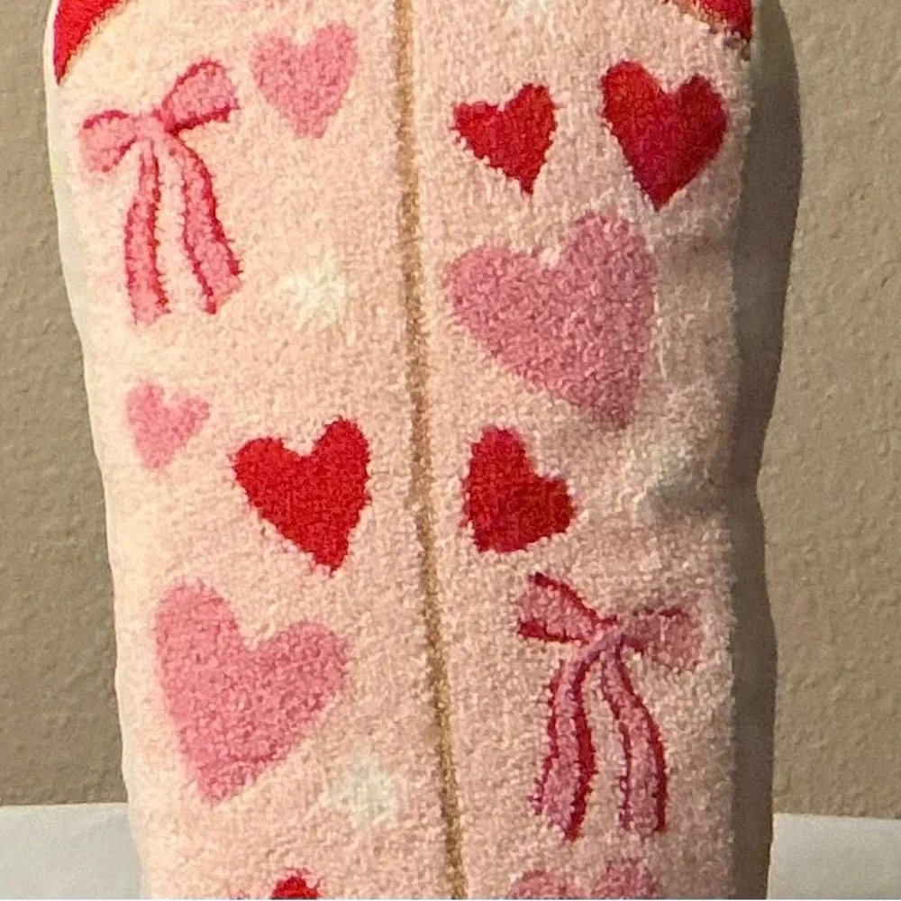 Isaac Mizrahi Pink and Red Hearts & Bows Boot Shaped Plush Pillow. NWOT